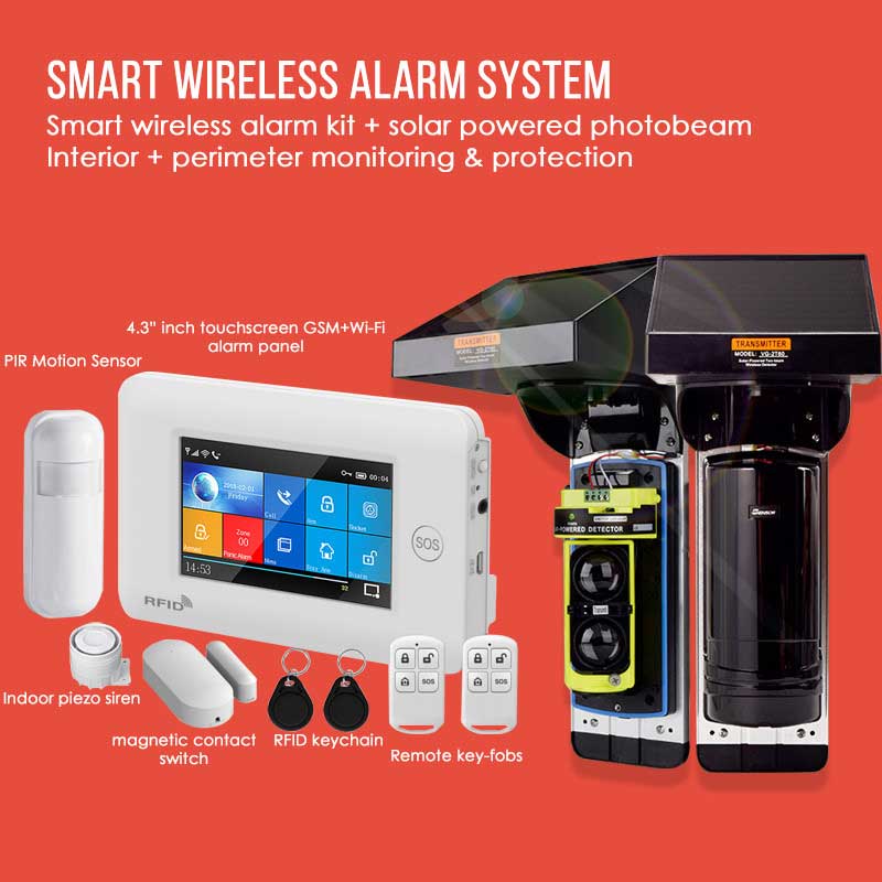 Onsite wireless alert system includes a wireless indoor strobe siren a remote control and a pair dual beam photoelectric detector.