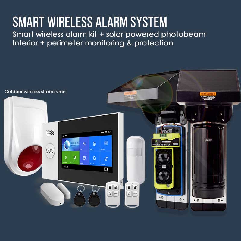 Wi-Fi Cellular Wireless Alarm System includes a GSM WiFi alarm panel + 2 remote control + 1 dual photoelectric beam sensor.