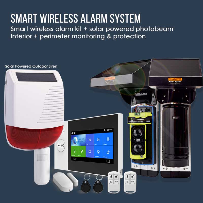 Cellular Wi-Fi wireless security system includes a GSM WiFi touch alarm panel two remote controls and one pair dual beam photoelectric beam sensor